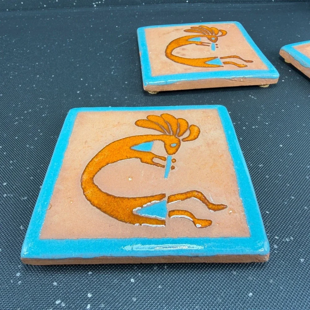 Tecate Mexico Kokopelli Terracotta Tiles Set of 4 Turquoise Orange 4in Coasters
